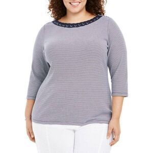Karen Scott Blue/White Plus Size Grommet Shirt Top‎